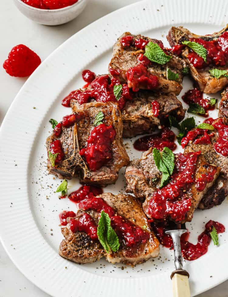 Lamb Chops with Raspberry Sauce on a serving plate