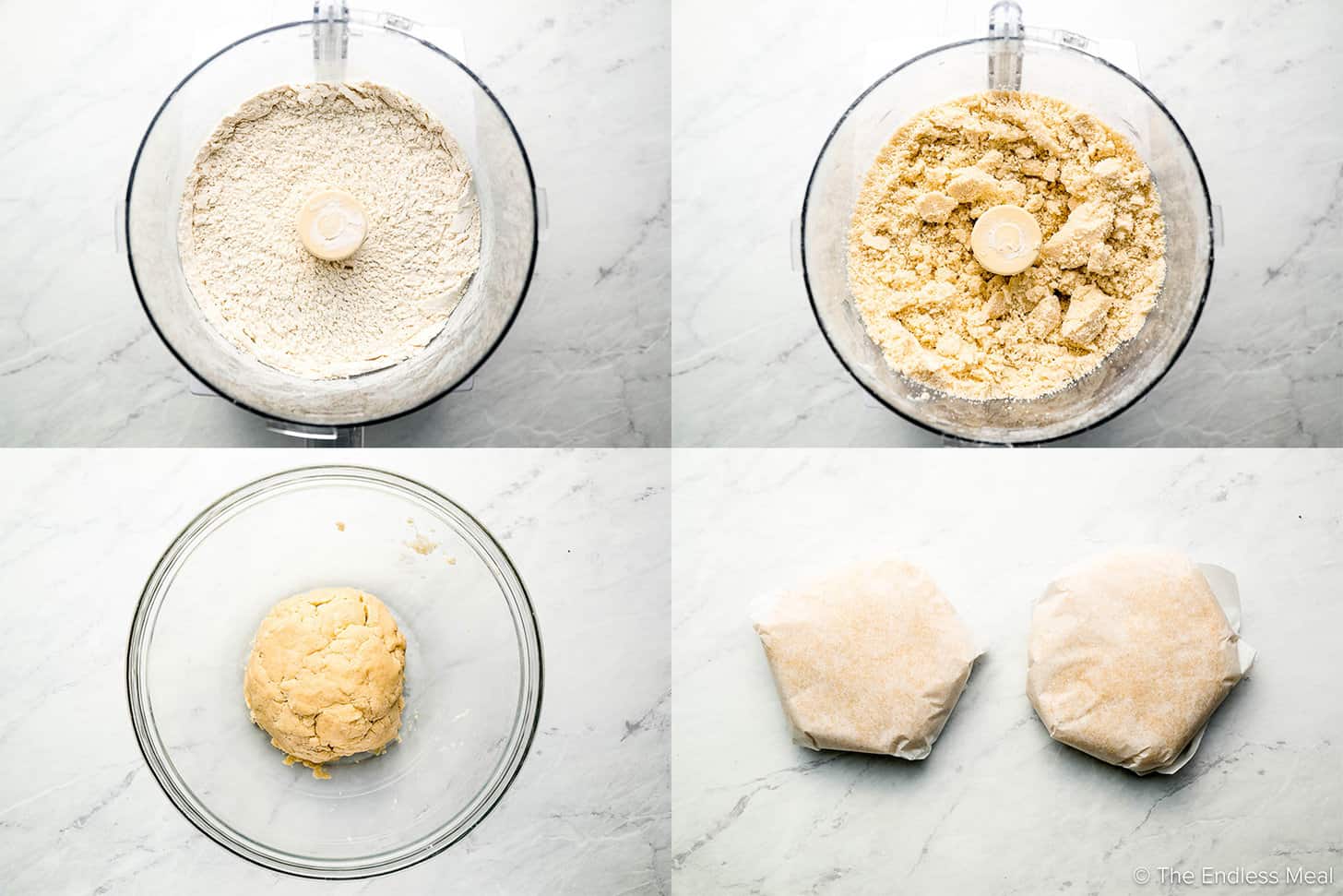 4 pictures showing how to make Butter and Shortening Pie Crust