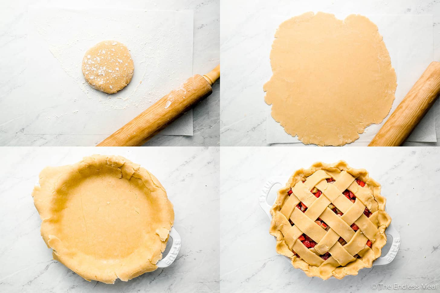 4 pictures showing how to roll out Butter and Shortening Pie Crust