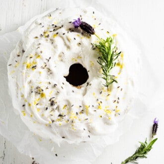 Looking down on a frosted Lavender Lemon Angel Food Cake