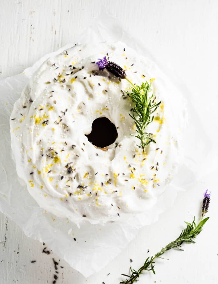 Looking down on a frosted Lavender Lemon Angel Food Cake