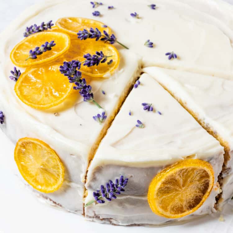 A close up of lavender lemon cake