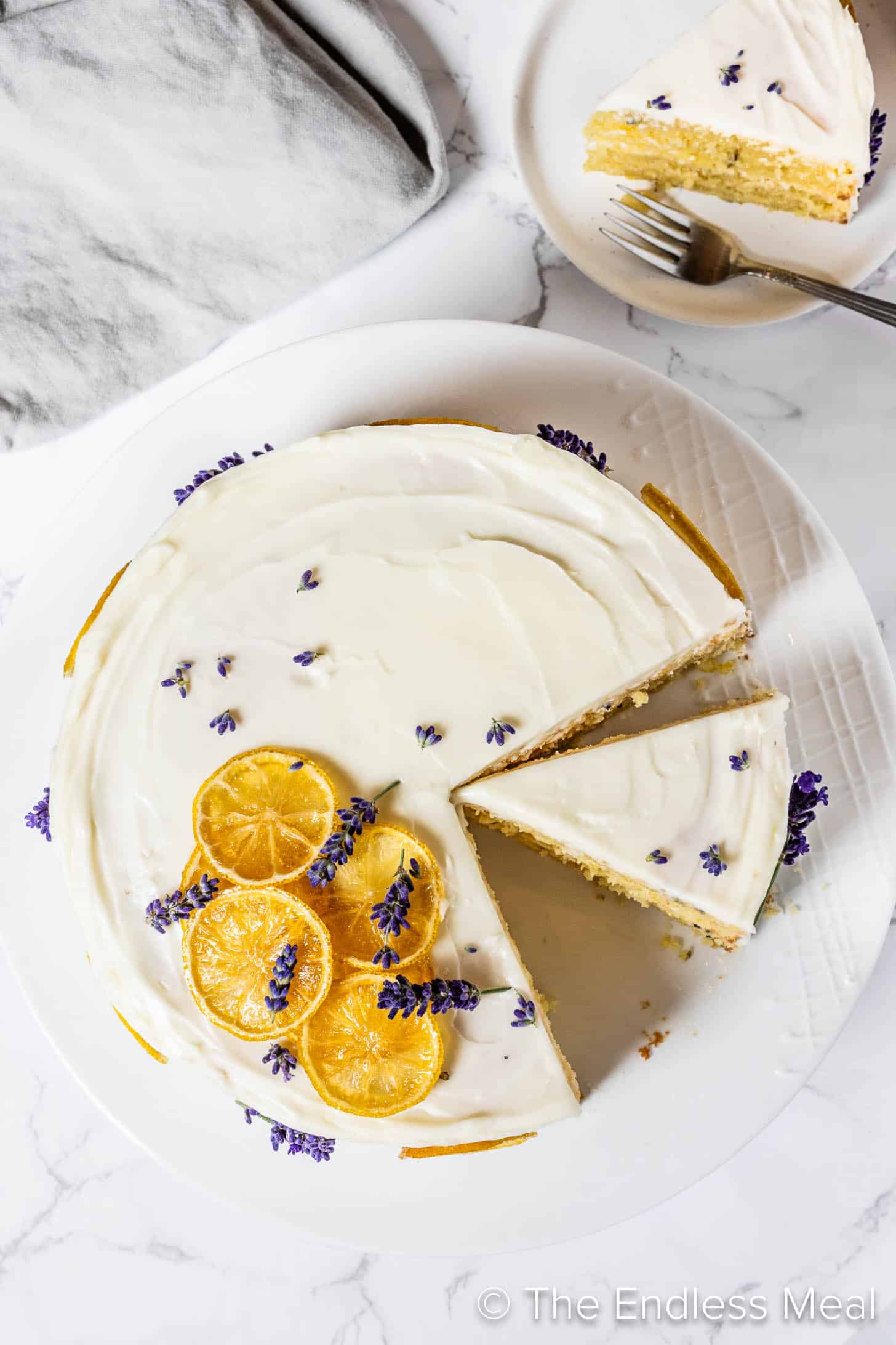 Looking down on a Lemon Lavender Cake on a cake stand