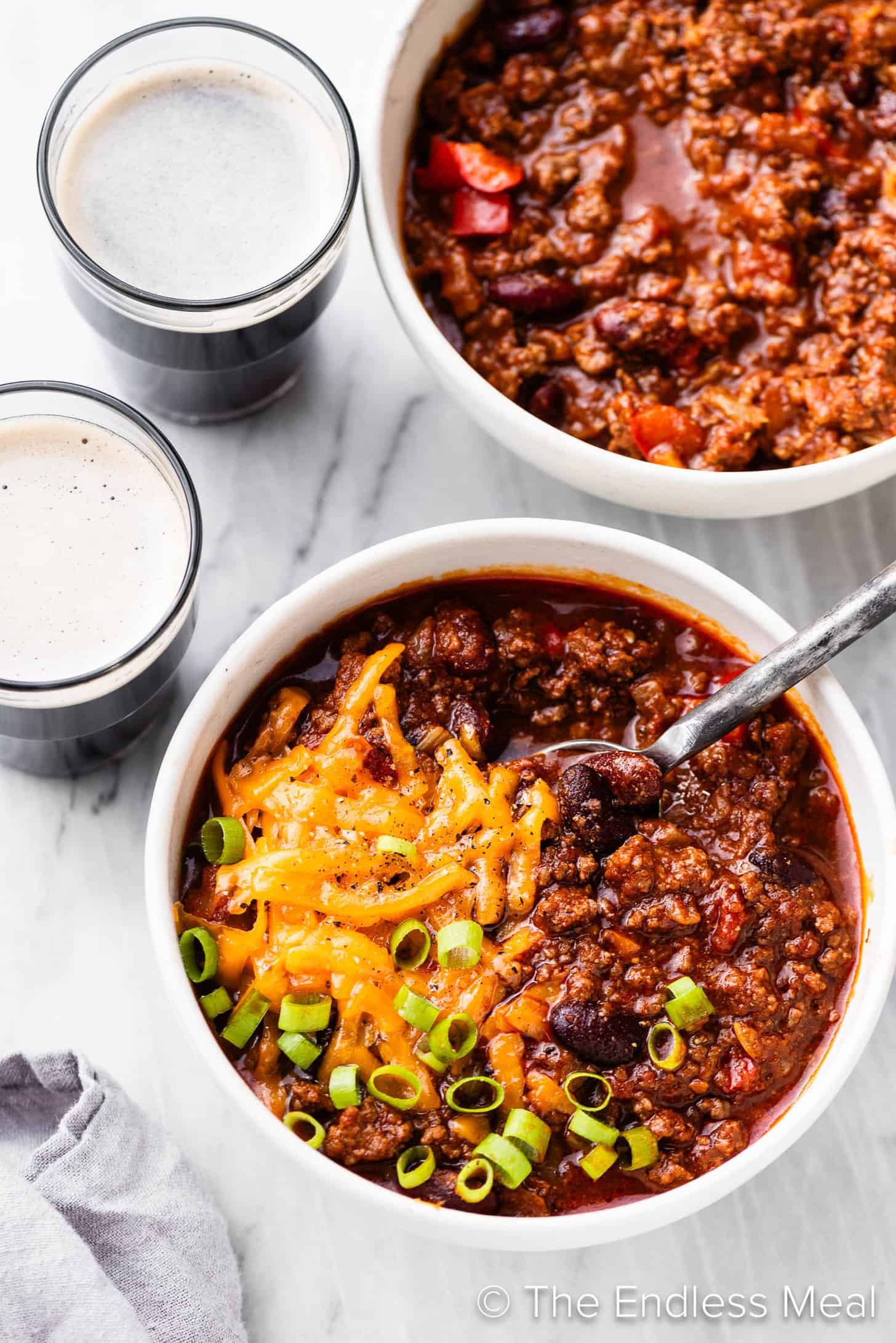 2 bowls of Irish Guinness Chili with a spoon
