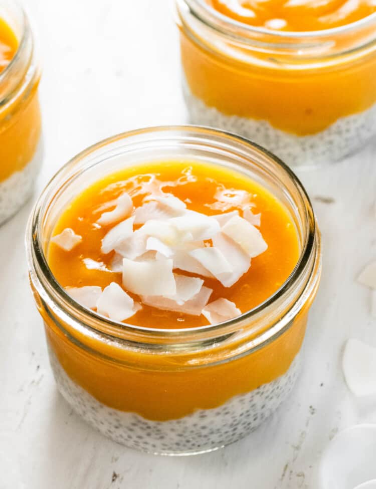looking down on Mango Chia Pudding in a jar