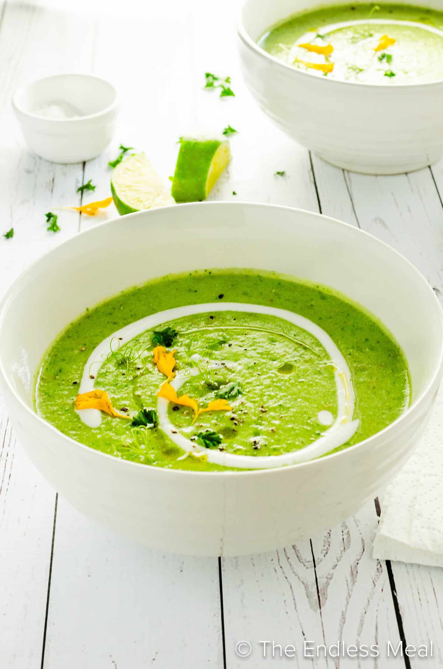 A bowl of Green Gazpacho.