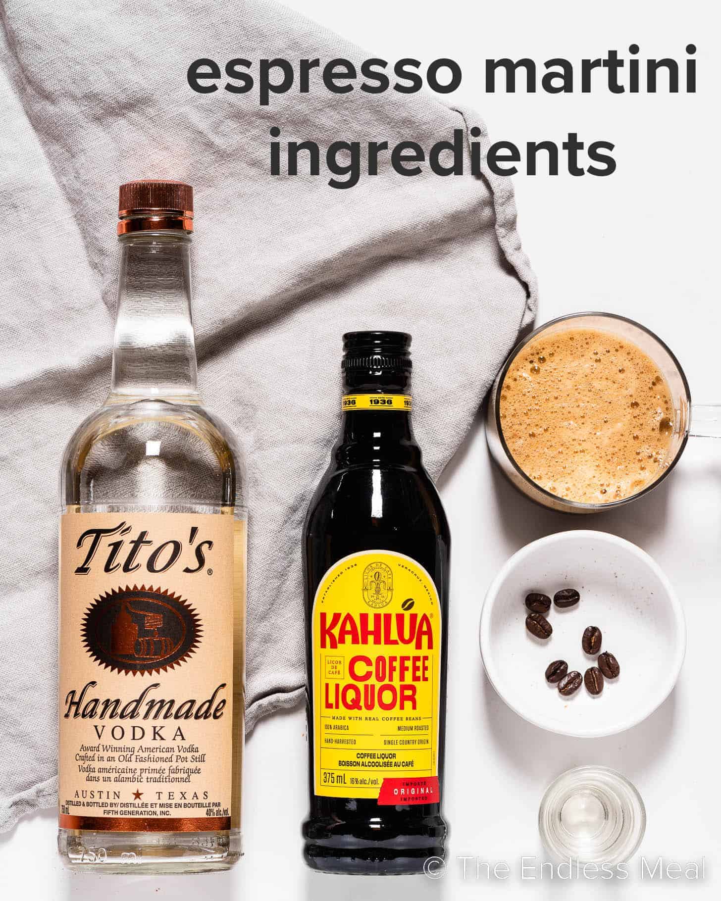 The ingredients needed to make an Espresso Martini.