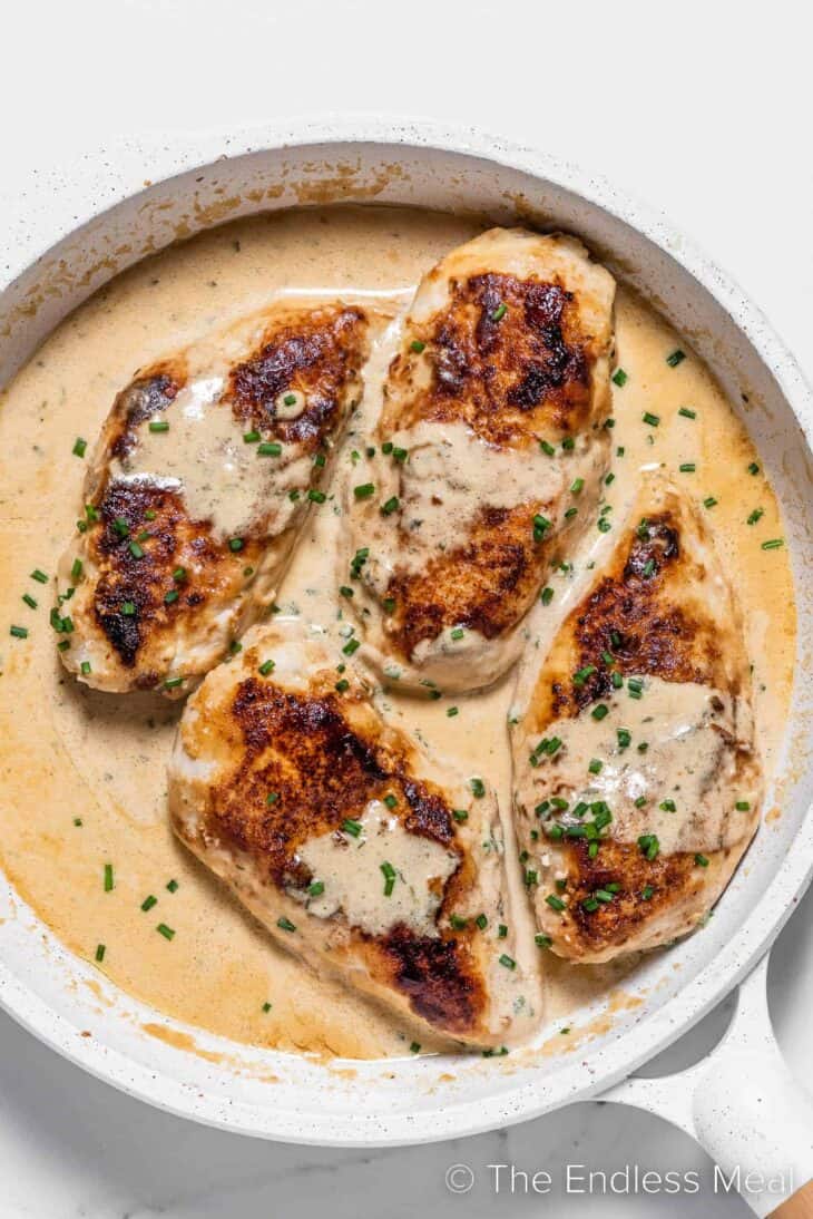 Boursin Chicken in a white pan