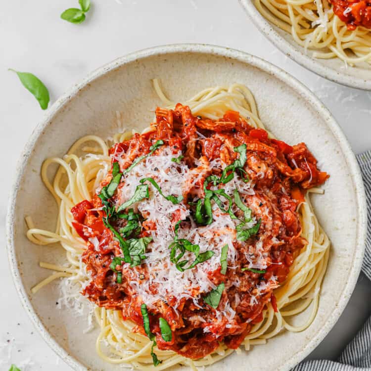 Leftover Turkey Bolognese in a pasta bowl