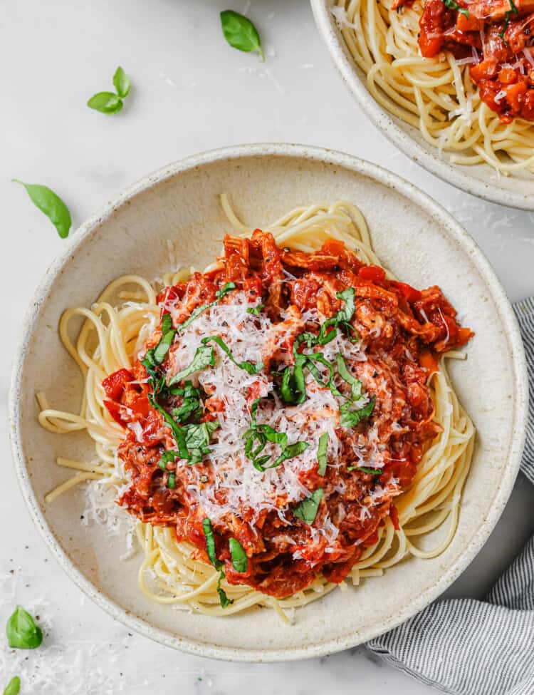 Leftover Turkey Bolognese in a pasta bowl