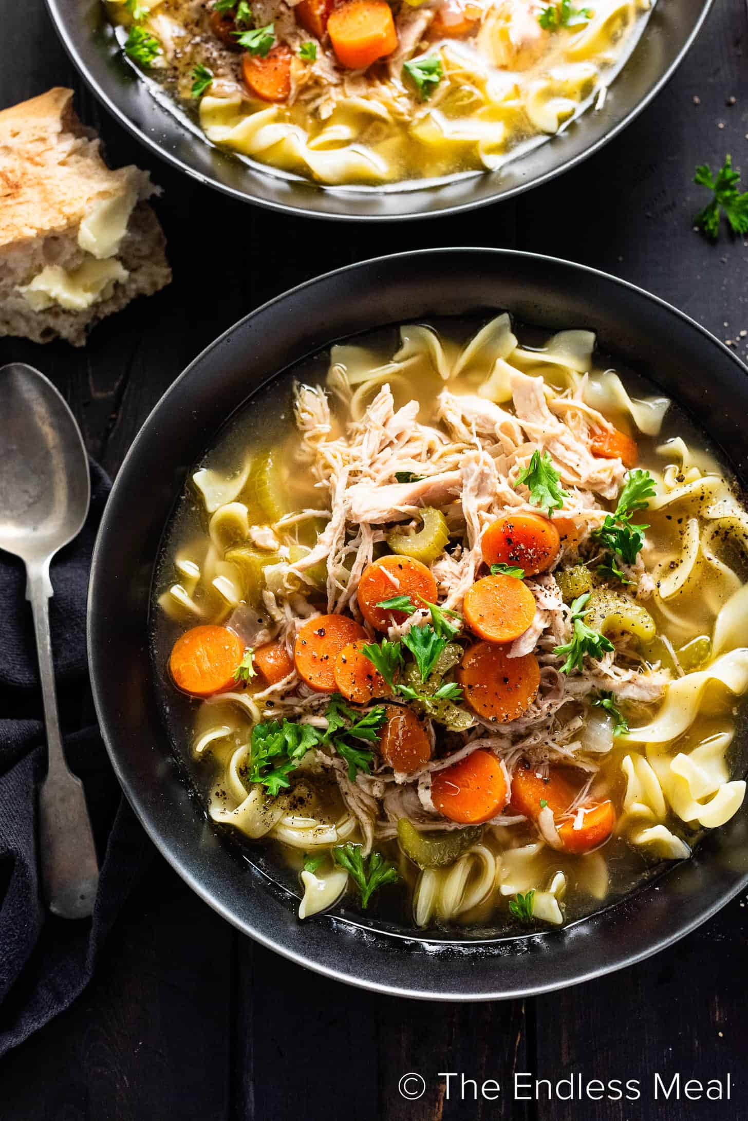 Turkey Soup with noodles in a dinner bowl.