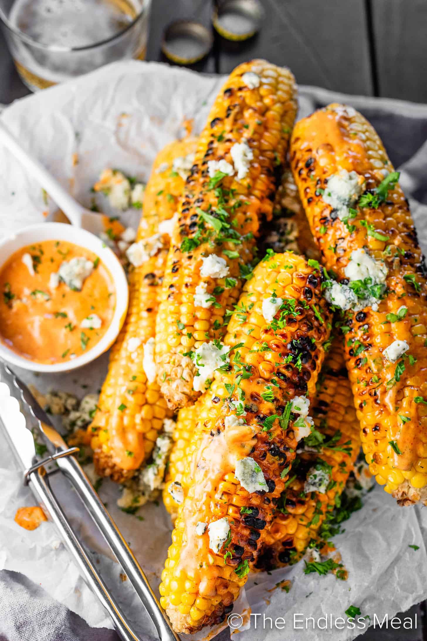 Buffalo Corn with blue cheese on a serving plate