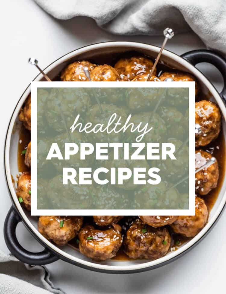 A serving bowl with meatballs and the words Healthy Appetizer Recipes on top.