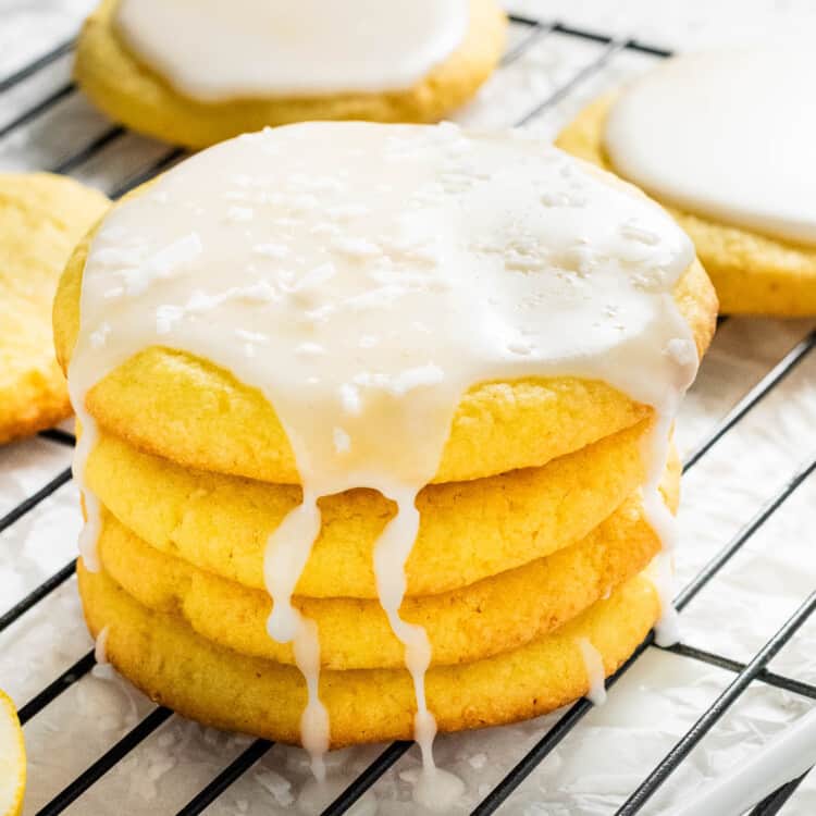 A stack of Lemon Coconut Cookies with glaze