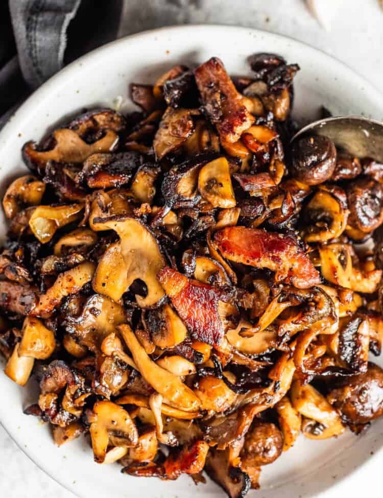 Bacon Mushrooms in a bowl on the dinner table