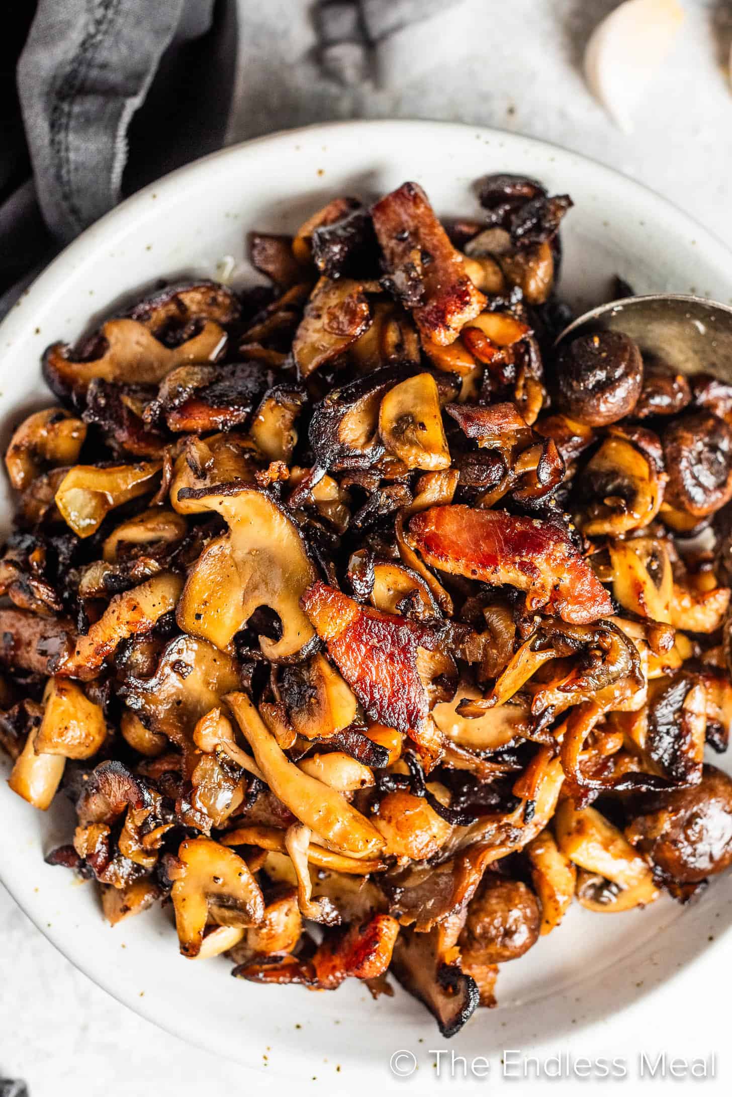 Bacon Mushrooms in a bowl on the dinner table