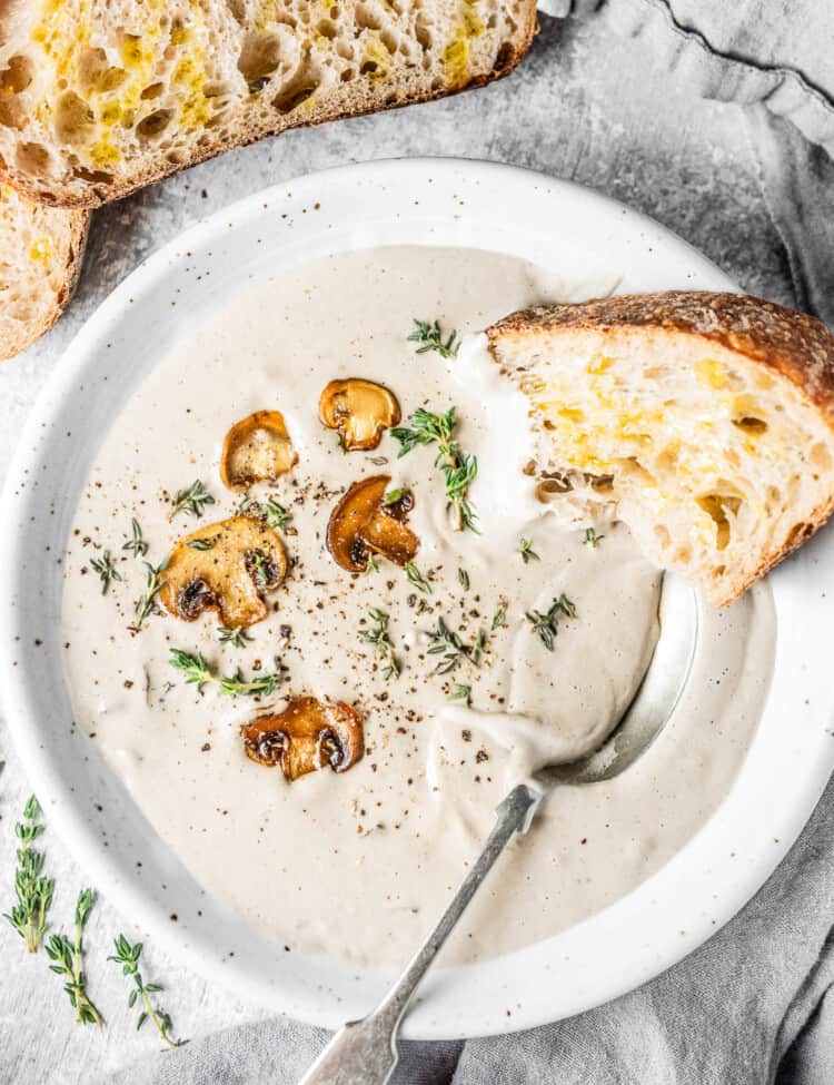Looking down on a bowl of mushroom Cashew Soup