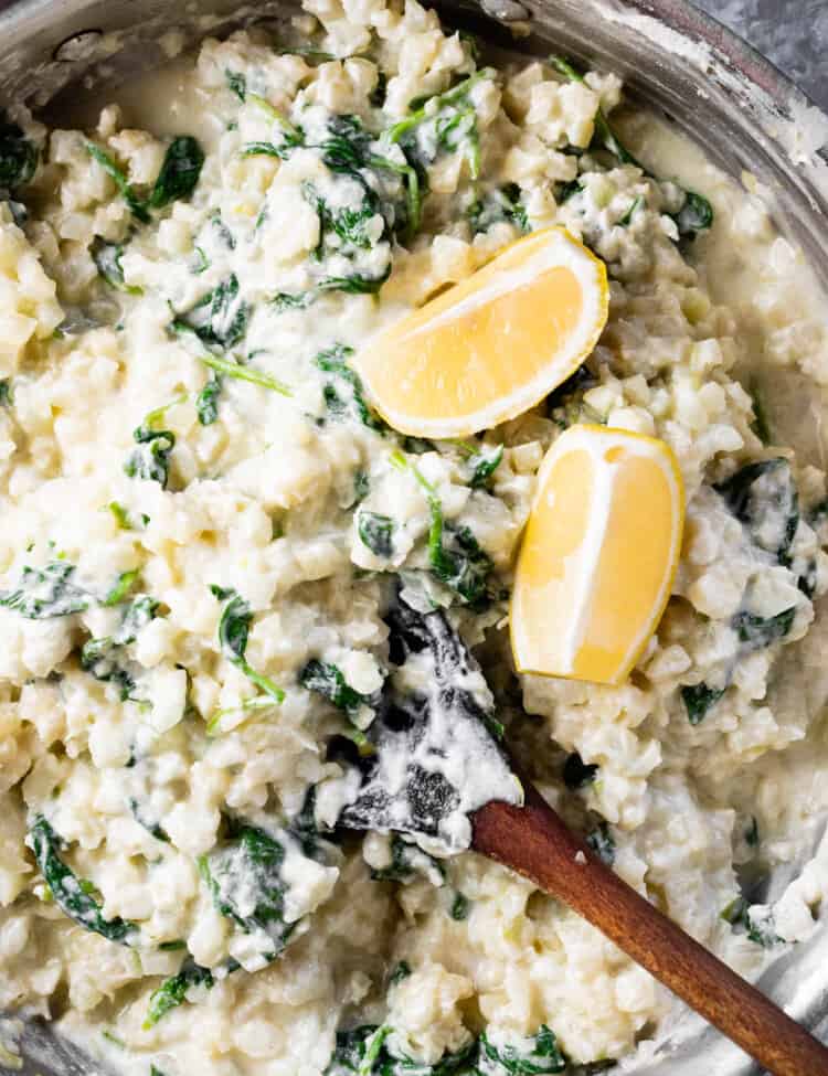 Cauliflower Rice Risotto with spinach and lemon in a pot