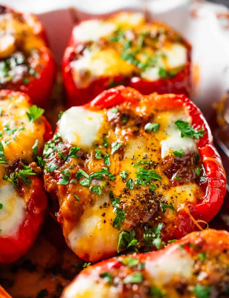 Chili Stuffed Peppers in a baking dish
