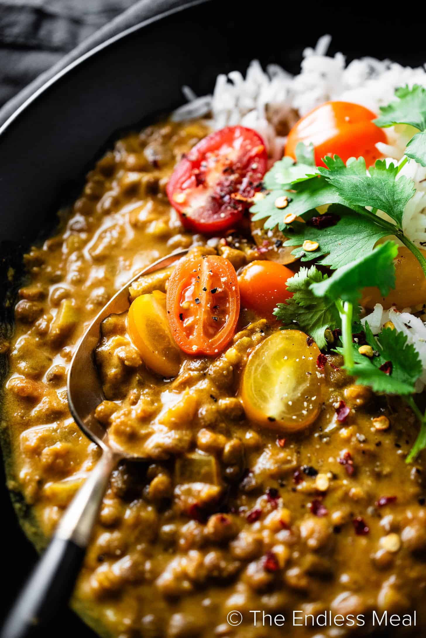 Crockpot Lentil Curry in a dinner bowl with rice