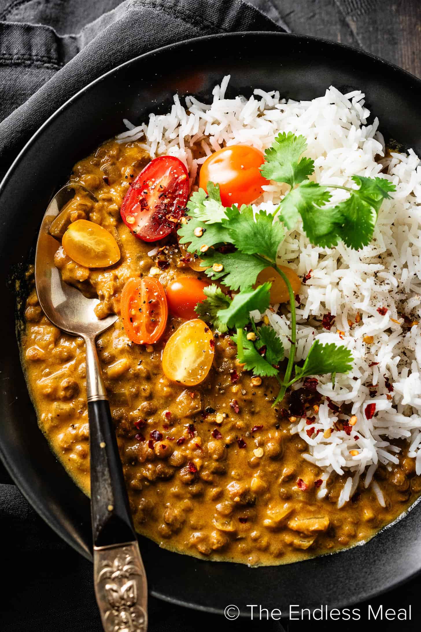 Crockpot Lentil Curry in a bowl with rice and a spoon