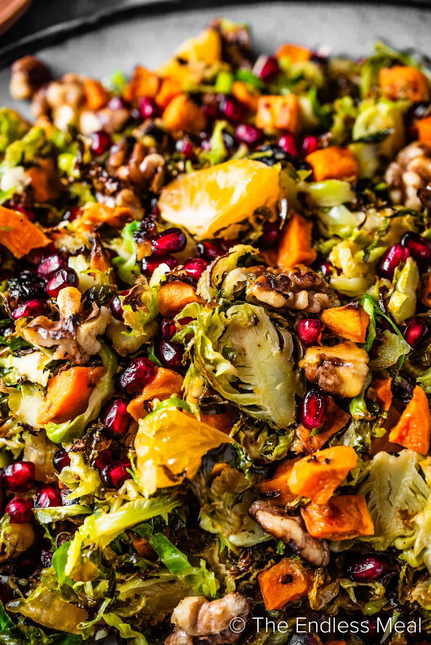 A close up of this Fall Brussels Sprouts Salad