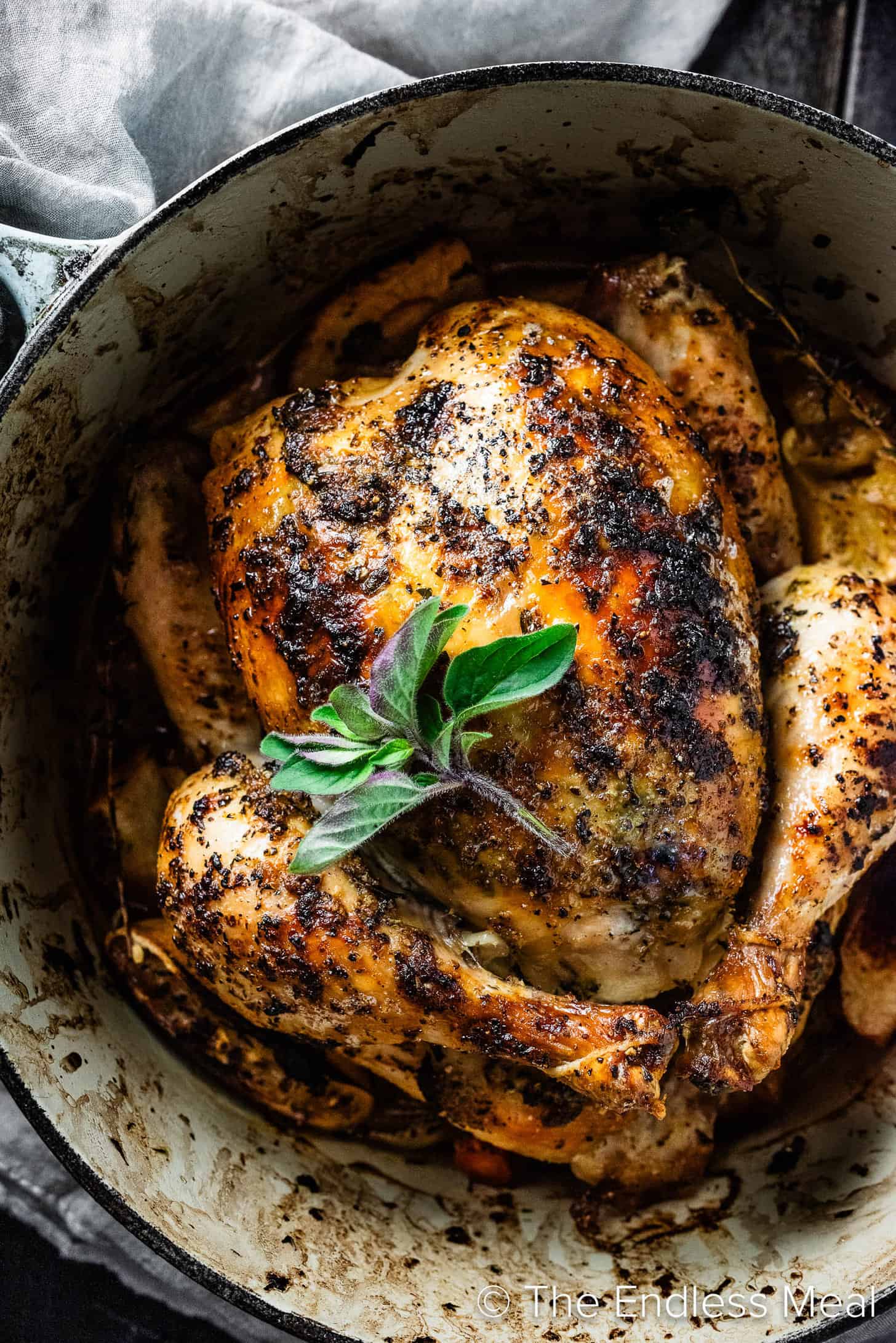 Lemon Butter Roasted Chicken in a roasting dish