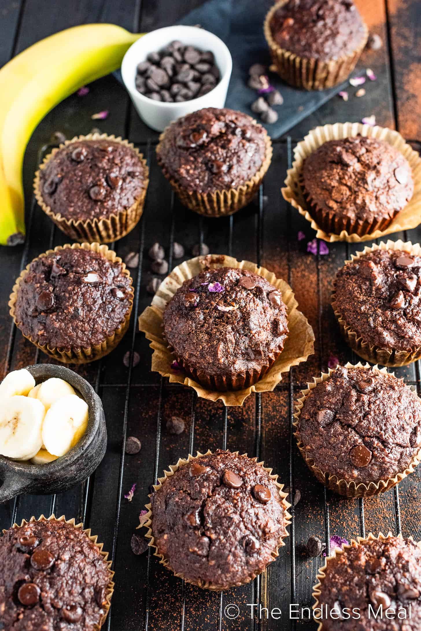 A close up of Paleo Chocolate Banana Muffins on a table