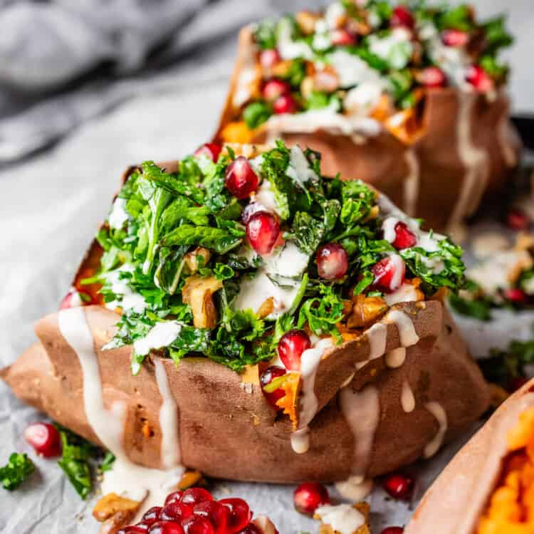 A baked Sweet Potato with Pomegranate and mint