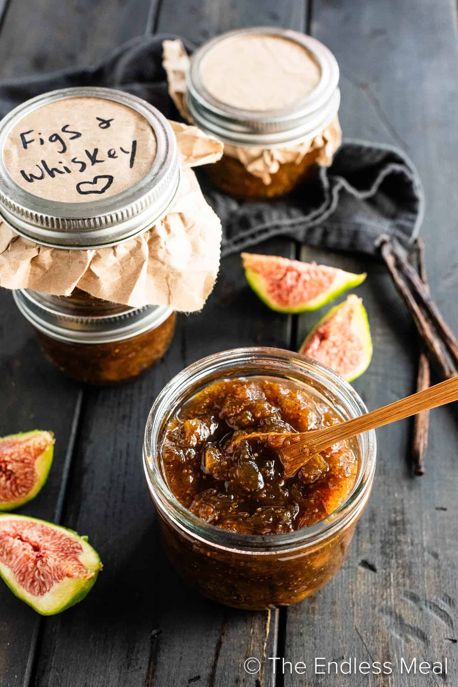 A spoon in a jar of Bourbon Fig Jam
