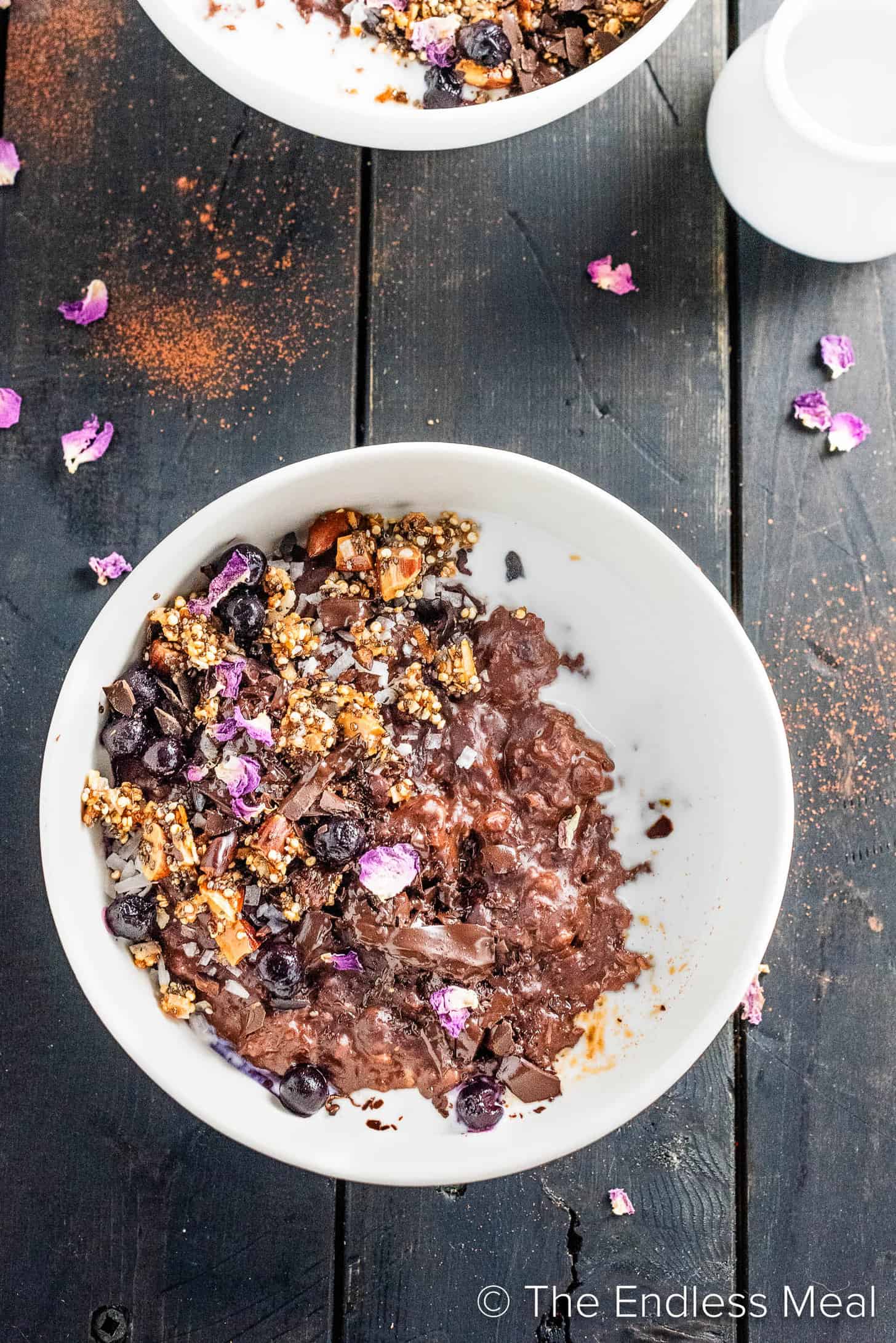 A bowl of Chocolate Oatmeal on a breakfast table.