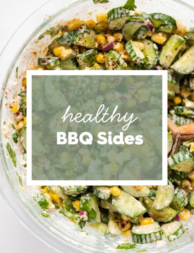 A salad with the words Healthy BBQ Sides written on top.