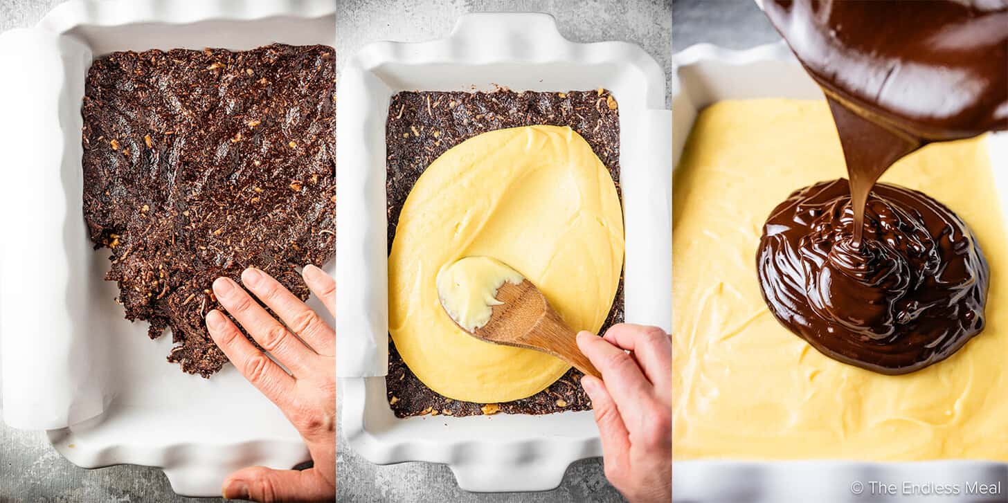 Three pictures showing how to make nanaimo bars