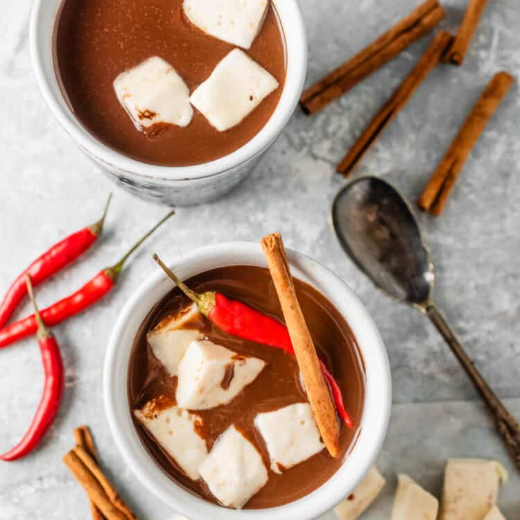 Spicy Hot Chocolate in mugs with chili peppers