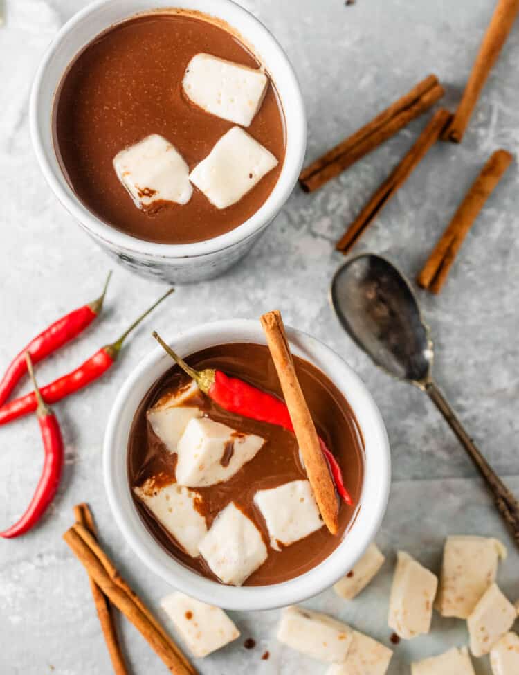 Spicy Hot Chocolate in mugs with chili peppers