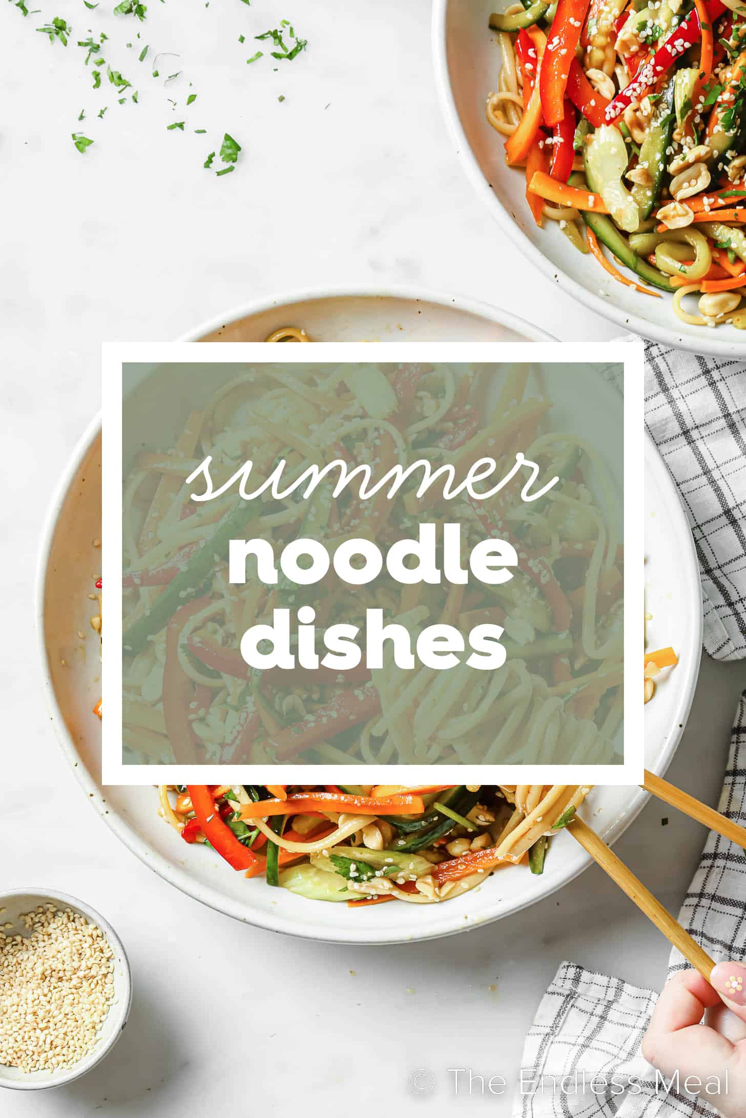 Summer noodle salad with the words Summer Noodle Dishes on top.