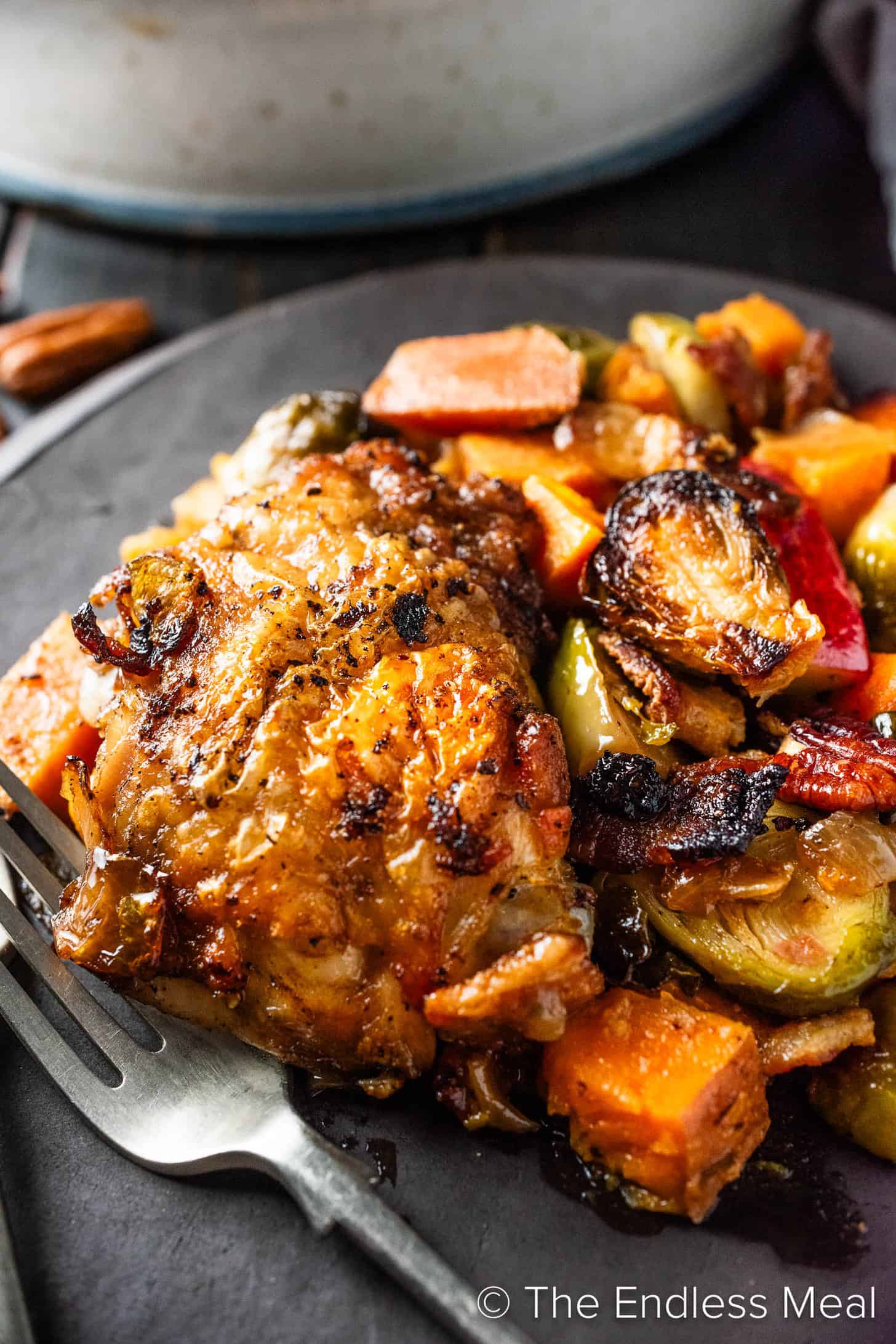 Chicken Brussels Sprouts Sweet Potatoes on a dinner plate