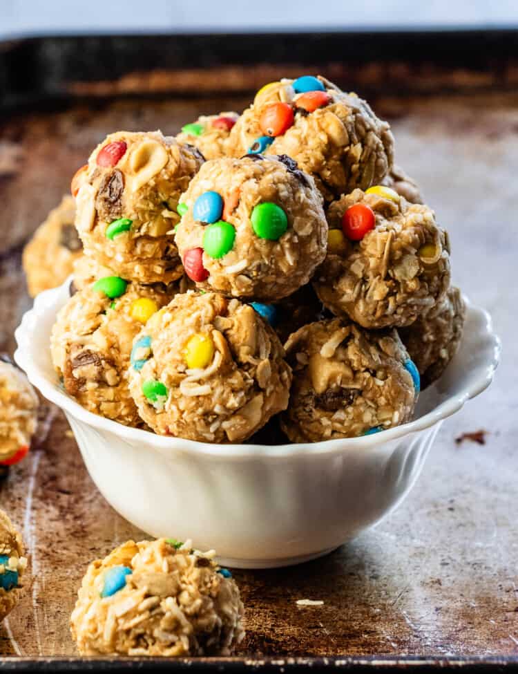 Healthy Trail Mix Protein Bites in a white bowl