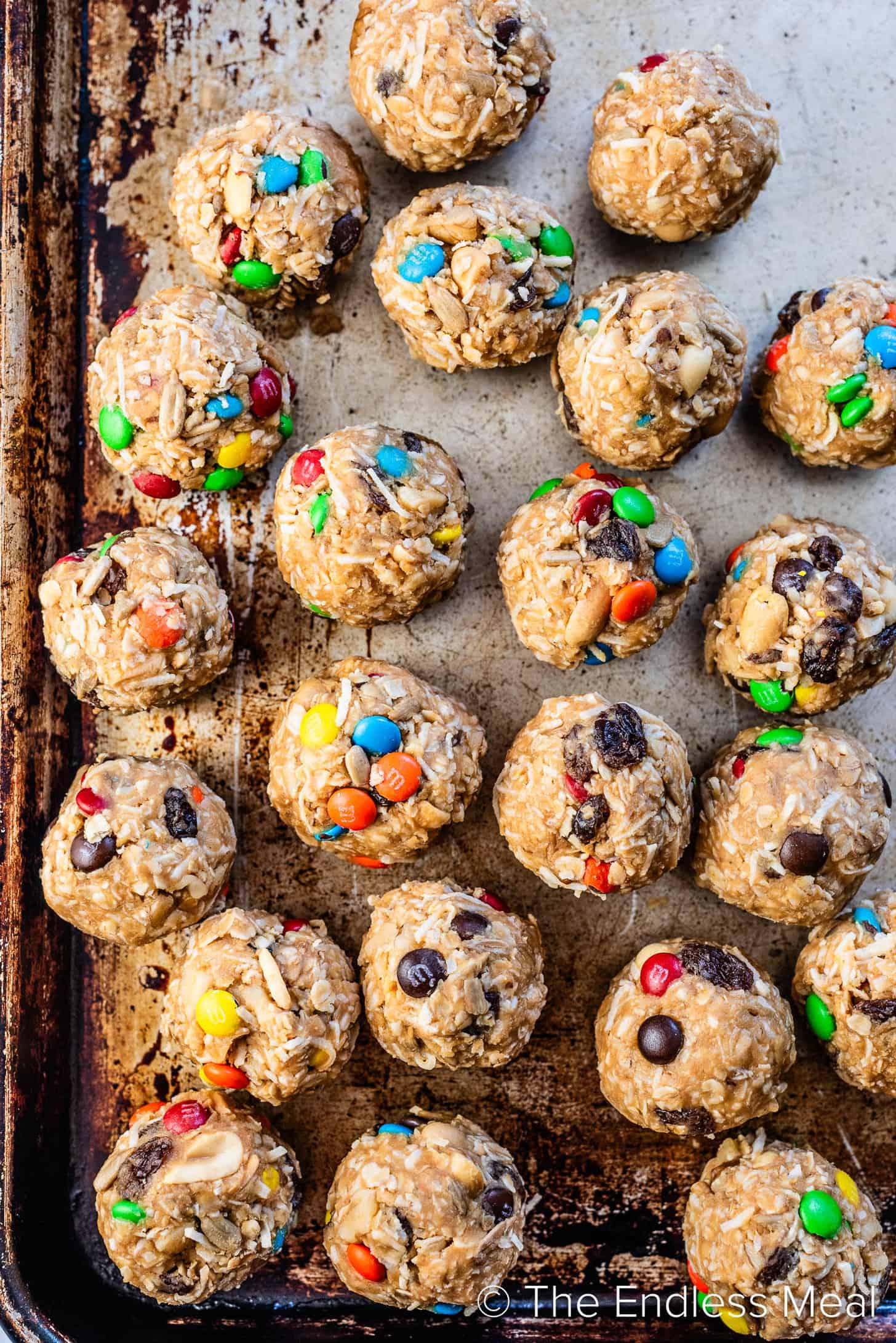 Healthy Trail Mix Protein Bites on a baking sheet