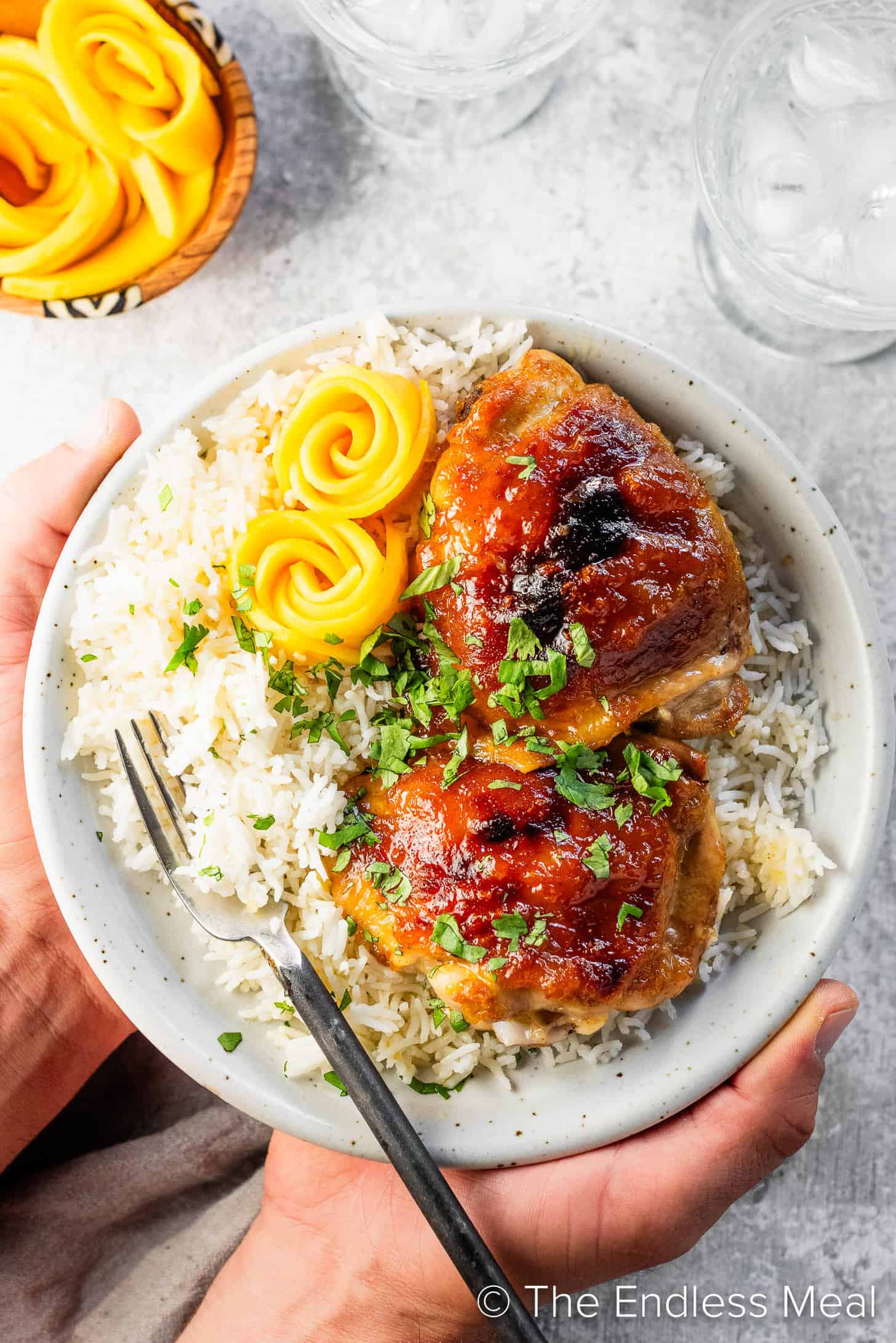 Mango Chutney Chicken in a dinner bowl with rice
