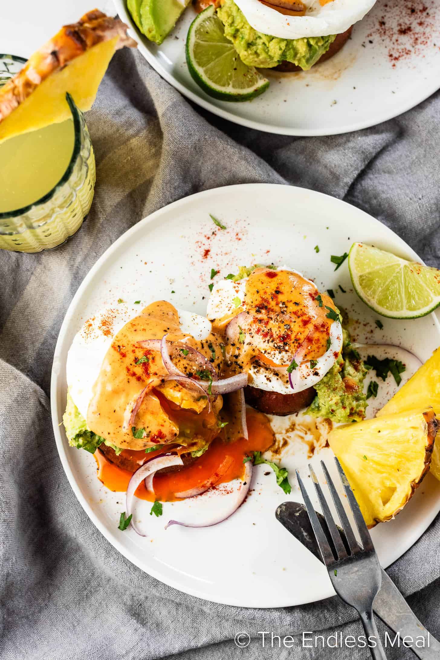 Looking down on a plate of Mexican Eggs Benedict