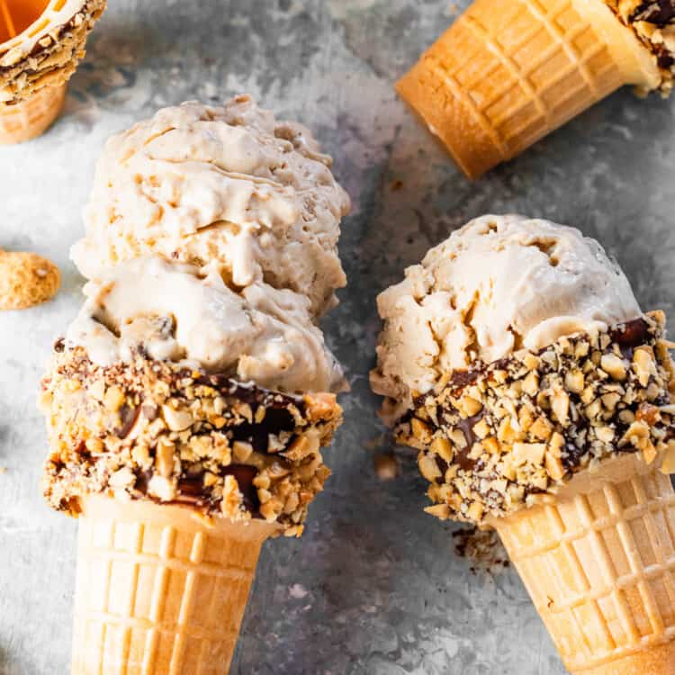Peanut Butter Cookie Dough Ice Cream in ice cream cones