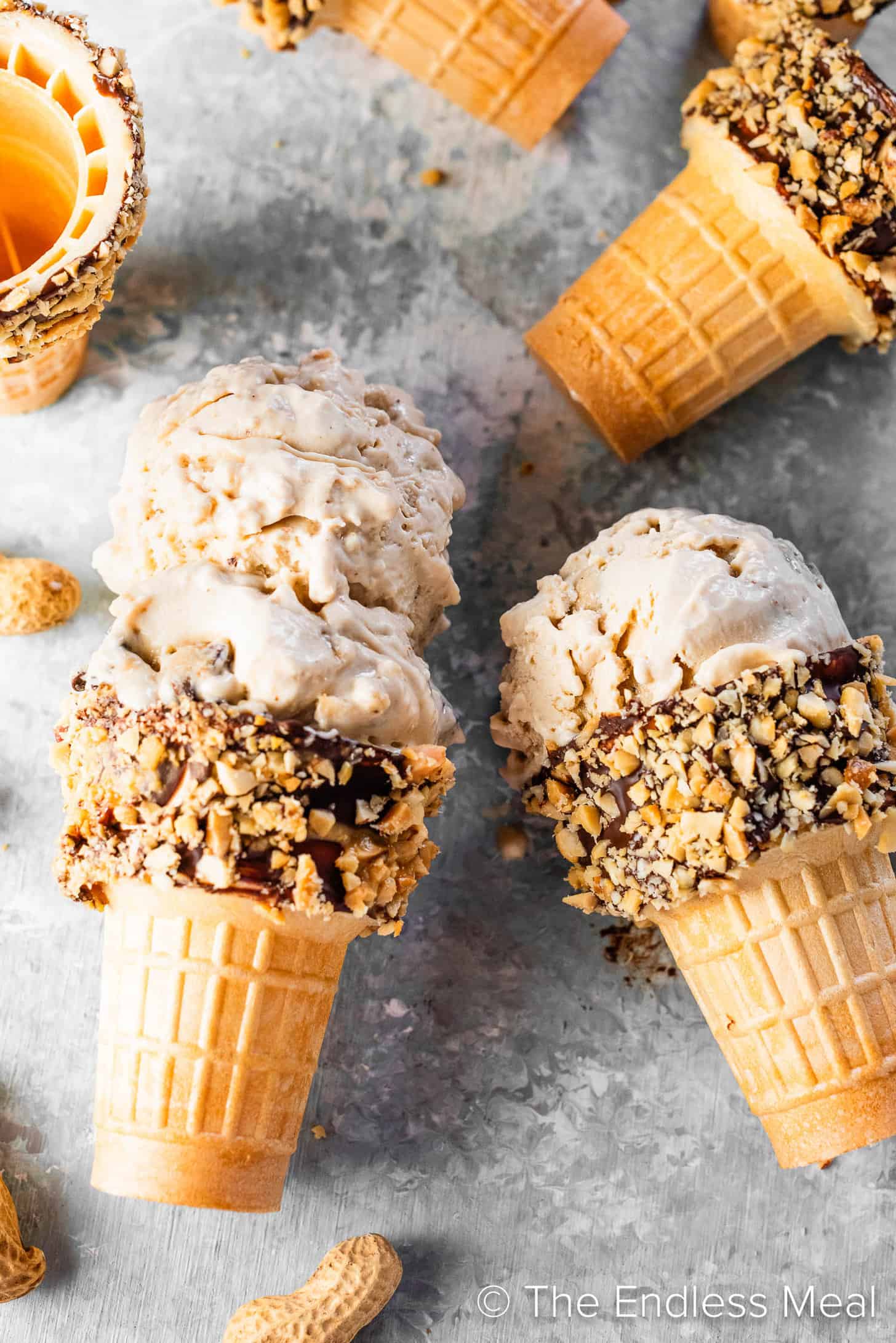 Peanut Butter Cookie Dough Ice Cream in ice cream cones