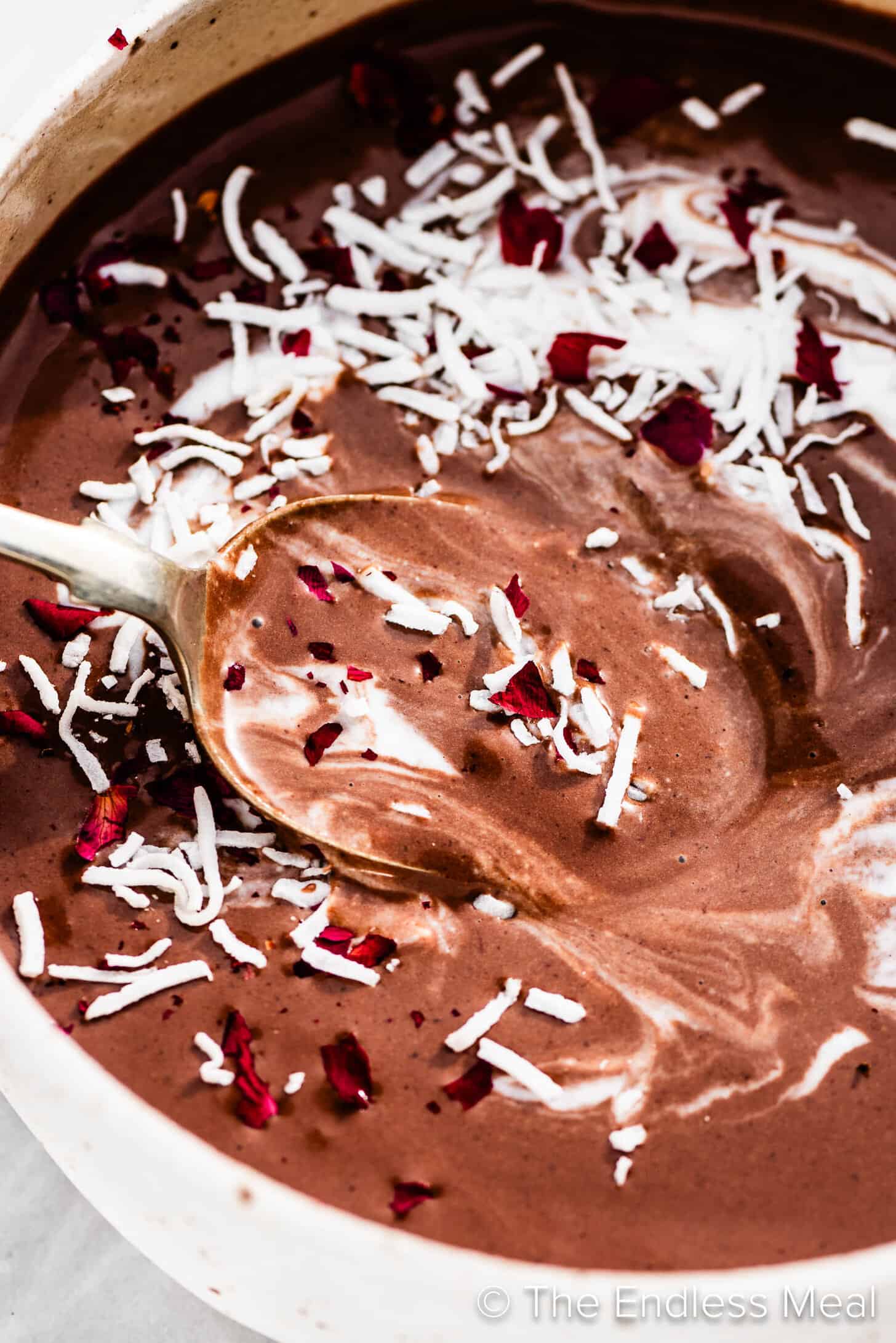 a close up of a spoon in a Mocha Smoothie Bowl
