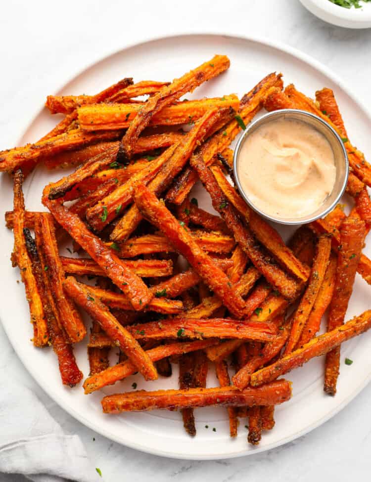 Carrot Fries on a serving plate with dip