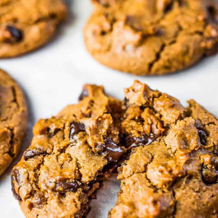 Chickpea Peanut Butter Cookies with melting chocolate chips