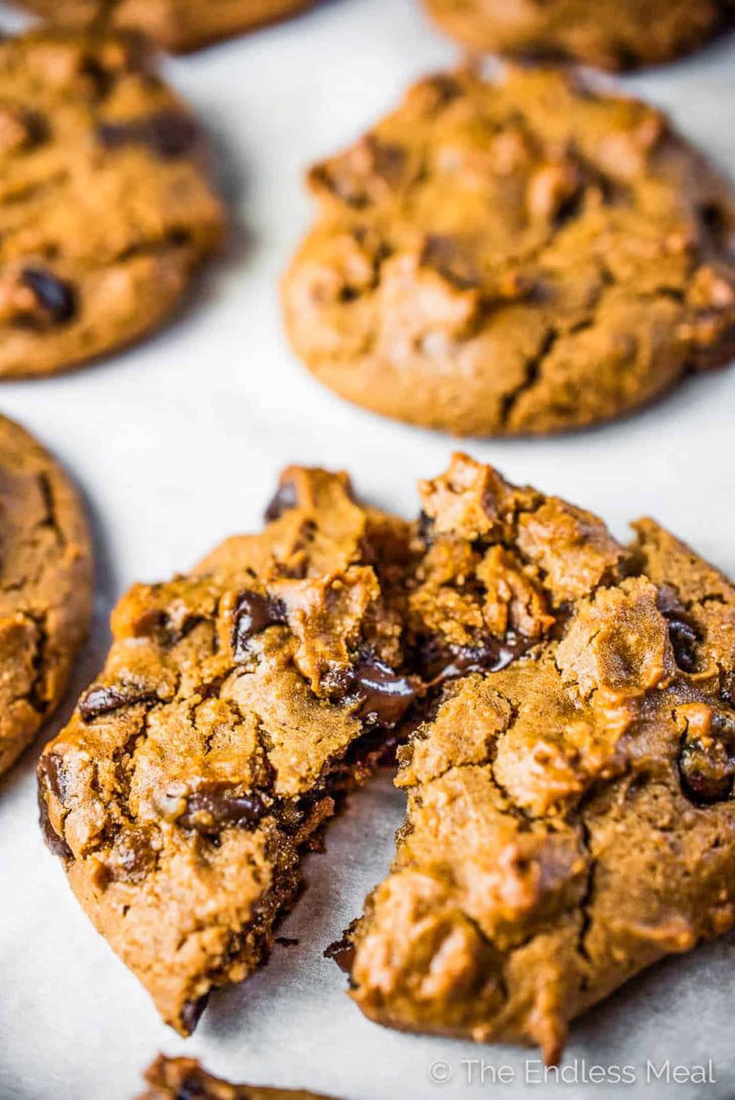 Chickpea Peanut Butter Cookies with melting chocolate chips