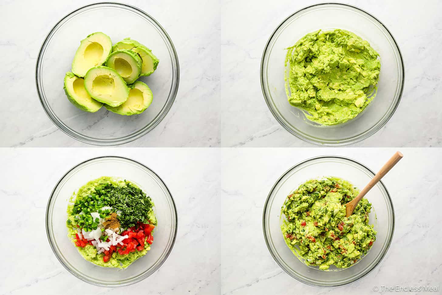 4 pictures showing how to make this recipe for easy guacamole