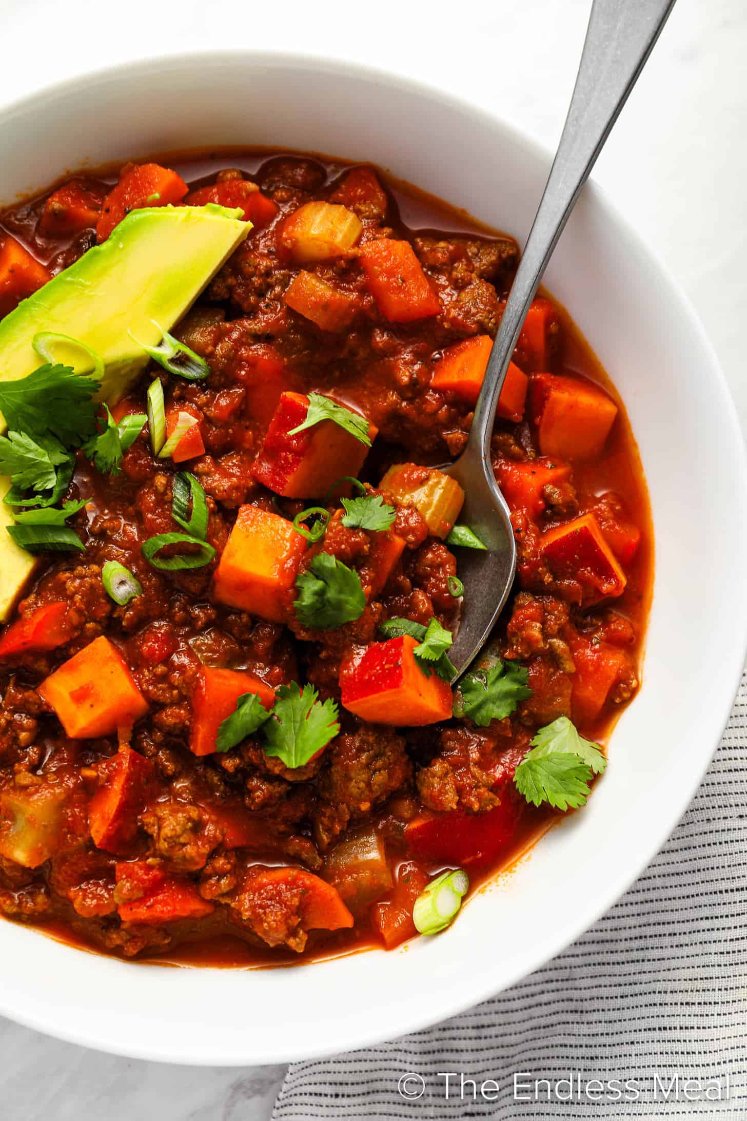 A close up of Paleo Chili in a white bowl