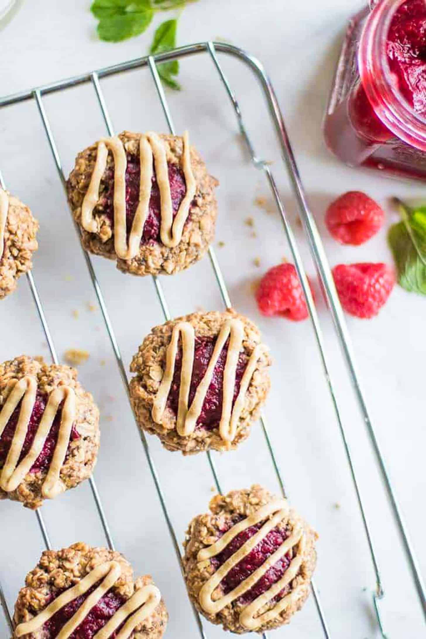 Looking down on healthy Almond Butter Thumbprint Cookies.